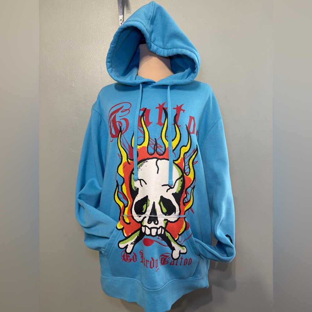 Ed Hardy Blue Hoodie with Skull and Flames